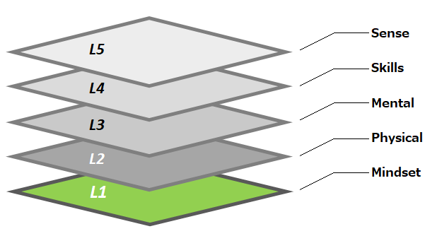 【経営脳】５つのレイヤー。第１階層は、経営者の心構えや考え方をマネジメントする「マインドセット」。
